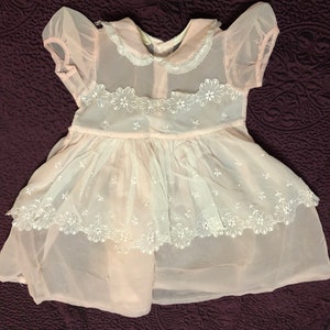 Mother Goose Togs by Tiny Wear Inc. Vintage Pink and White Sheer Baby Doll Dress