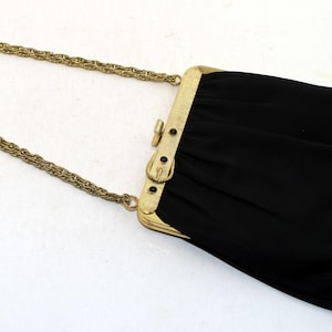 1950&#39;s Vintage Women&#39;s Harry Levine HL Black Satin Evening Bag Purse with Gold Buckle Detail and Double Gold Chain Strap
