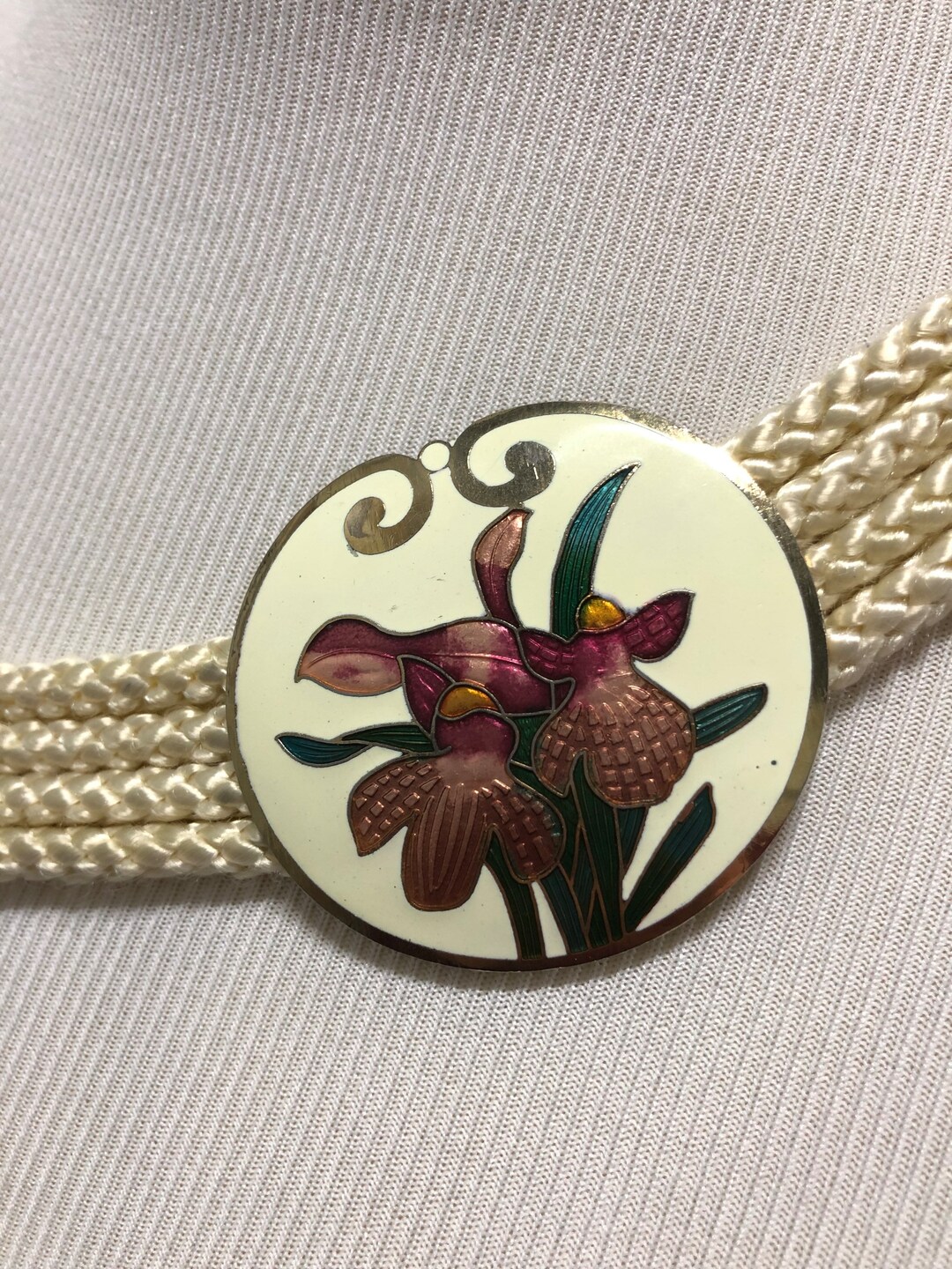 Vtg Yen China House Rope Belt Stretchy Enamel Cloisonne Orchid Flower Buckle 80s Vtg Yen China House Rope Belt Stretchy Orchid Cloisonne  main image 2