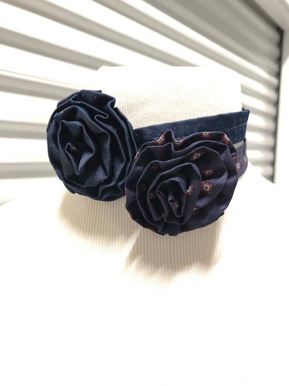 Pair of Flower Style Bow Tie in Navy with Polka Do