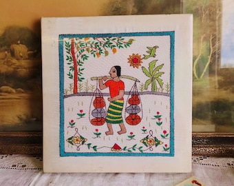EMBROIDERED Quechua INDIAN JunGLE SCENE, SouTH AMERiCAN INDiAN, FrAMed Embroidery NeeDLEworK, Ecuador, Bolivia, Peru, Palm TrEEs, MyTesoros