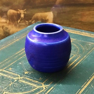 Könnte beinhalten: Ein kleiner, runder, blauer Keramiktopf mit glatter, glänzender Oberfläche. Der Topf steht auf einem grün-goldenen Buch.