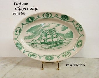 BLUE RiDGE ChINA TRADEWINDS PLATTER, ViNTAGE IronSTONE Green & WhiTe SeRVing DiSH, MaRITIME PiRATE LoVER, Seafaring, NauTiCaL CLiPPER Ship