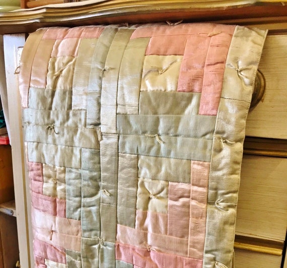 Satin Baby Blanket Vintage Crib Linen Antique Baby Quilt Log Cabin