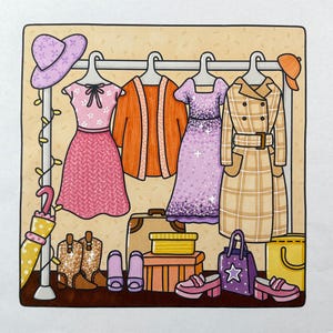 Dresses Shoes and Hats Clothing Rack | Cozy & Relaxing Coloring Page for Instant PDF Download