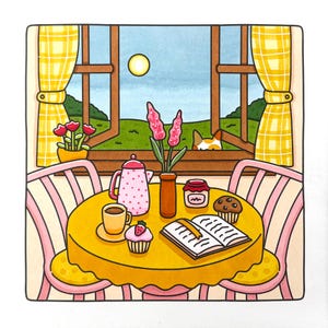 Breakfast Table Curious Cat | Cozy & Relaxing Coloring Page for Instant PDF Download