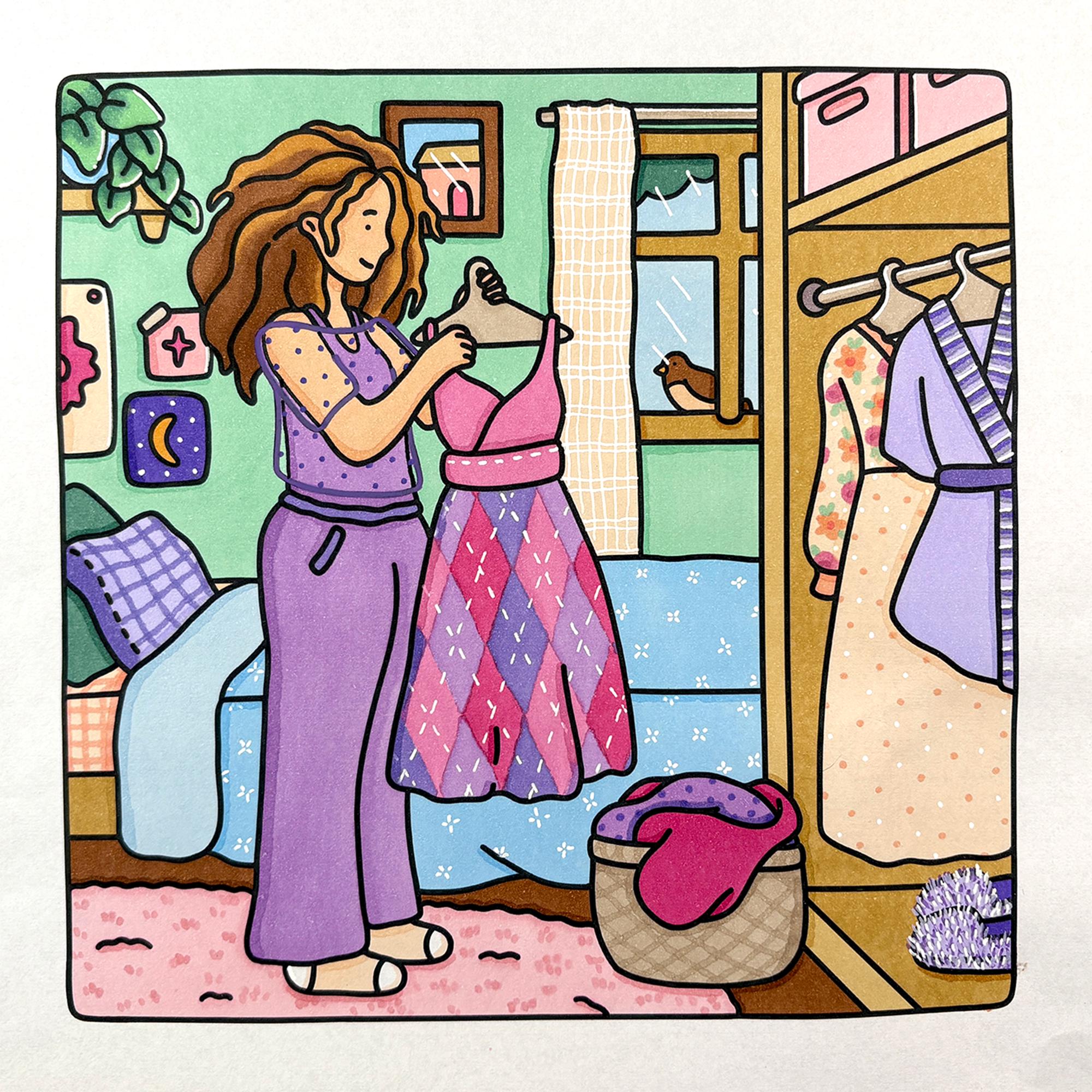 Mädchen wählt ein Kleid | Gemütlich & Entspannend Ausmalseite zum sofortigen PDF Download