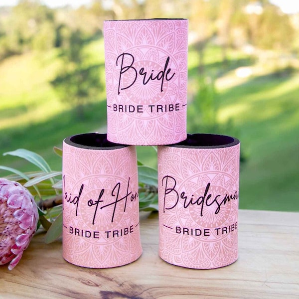 Bridal Party Subby Holders - Bridesmaid Bride Maid of Honour Wedding Stubby Holder Cooler Pink Hen's Party Bachelorette Night Out