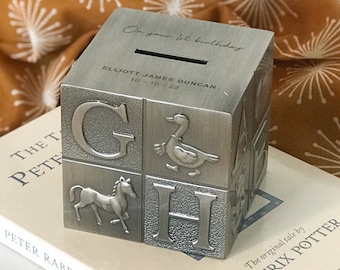 Child's Name Money Box - Personalised Engraved Baby Children Kids Alphabet Cube Money Box Baby Shower Baby Room Decor