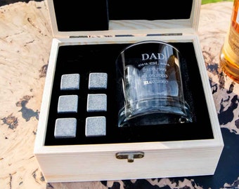 Engraved Father's Day Wooden Gift Boxed Scotch Glass and Whiskey Stone Set