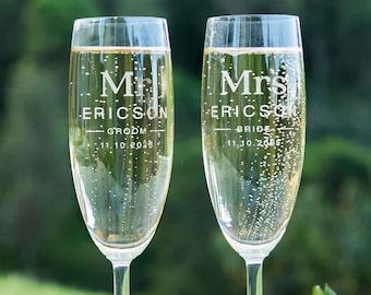 Bride & Groom Name Champagne Flutes - Personalised Engraved Mr and Mrs Surname  Wedding Premium European Champagne Toasting Glasses