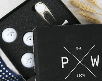 Personalised Golf Gift Set – Engraved Name on Leather Box with Gold Balls – Gift for Men, Groomsmen, Dad or Husband