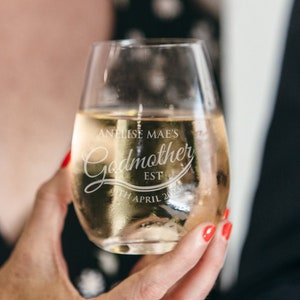 Personalised Godparent Stemless Wine Glass 460ml Custom Engraved Baptism Christening Naming Day Gift for Godmother or Godfather