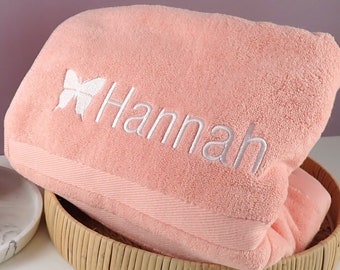 Name White / Pink Bath Towel - Personalised Embroidered Butterfly White or Coral Bathroom Towel Kids Girl Boy