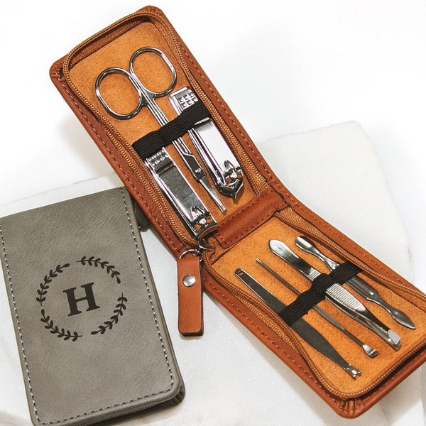 Name Initials Manicure Kit - Personalised Engraved Name Monogrammed Grey Tan Brown Leatherette Travel Grooming Manicure Kit