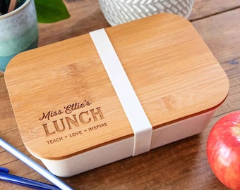 Teacher Name Lunchbox - Personalised Engraved Bamboo Lid Lunch box Teacher Appreciation Gift Present