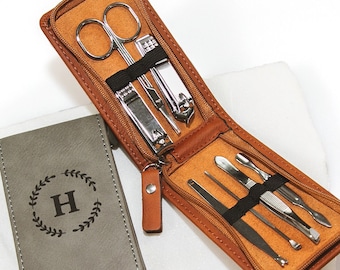 Name Initials Manicure Kit - Personalised Engraved Name Monogrammed Grey Tan Brown Leatherette Travel Grooming Manicure Kit