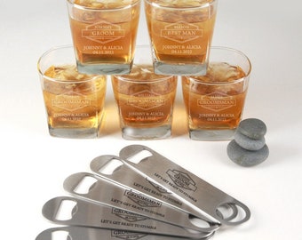 5x Groomsmen Scotch Glasses & Bottle Opener - Personalised Engraved Bridal Party Groomsman Best Man Groom Bourbon Whiskey Glass and Barmate