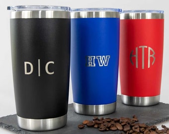 Personalised Travel Mug - Engraved Name or Initials - Reusable Stainless Steel Thermos - Coffee Cup Gift - Black Blue Red