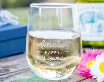 Birthday Name Wine Glass - Personalised Engraved Initials Monogrammed Premium European Stemless Wine Glasses 18th 21st 30th 40th 50th