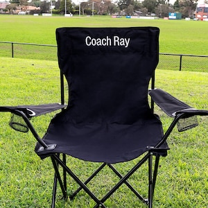 Personalised Black Folding Chair with White Embroidered Name – Custom Outdoor Camp Beach Fishing Gift for Him Dad Fathers Day Christmas