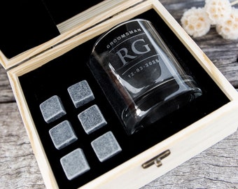 Groomsmen Name Scotch Glass - Personalised Engraved Best Man Wedding Groomsman Groom Bourbon Round Glass Whiskey Stones Wooden Box