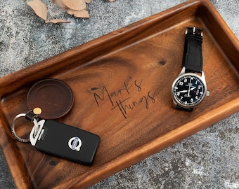 Personalised Wooden Trinket Tray – Engraved Valet Dish Organiser for Keys, Coins & Watch – Christmas or Birthday Gift for Him