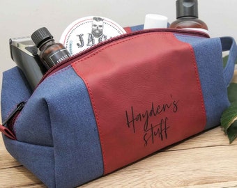 Name Initials Toiletry Bag - Personalised Engraved Leather Ruby Red Blue Toiletries Travel Case or kit Birthday Christmas