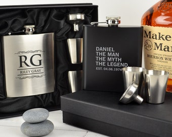 Name Initials Hip Flask Set - Personalised Birthday Engraved 6oz Black or Silver Hip Flask with Funnel and Shot Glasses 18th 21st 30th 40th