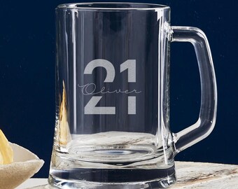 Personalised Beer Mug 500ml Glass Stein – Engraved Milestone Birthday Gift for Him – Custom Present for 18th, 21st, 30th, 40th or 50th