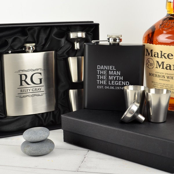 Name Initials Hip Flask Set - Personalised Birthday Engraved 6oz Black or Silver Hip Flask with Funnel and Shot Glasses 18th 21st 30th 40th