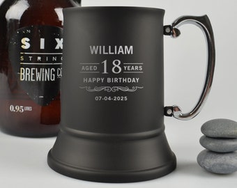 Name Birthday Beer Mug - Personalised Engraved Silver & Matte Black Metal Beer Mug Stein Tankard 18th 21st 30th 40th 50th