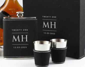 Name Birthday Hip Flask - Personalised Engraved Tan or Black Leatherette Hip Flasks, Shot Glasses and Gift Box Set 18th 21st 30th 40th