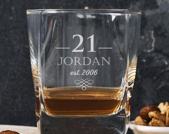 Personalized 21st Birthday Whiskey Glass - Engraved Name, Square 295ml