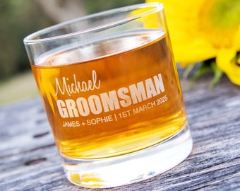 Groomsmen Name Scotch Glass - Personalised Engraved Wedding Groomsman Best Man Round 305ml Bourbon Whiskey Glass Favour Bridal Party Gift