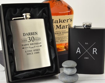 Birthday Name Hip Flask - Personalised Engraved Initials Premium Silver or Black Hip Flask Gift Box Set 18th 21st 30th 40th 50th