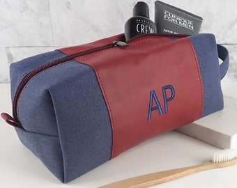 Initials Toiletry Bag - Personalised Embroidered Monogrammed Leather Red Blue Toiletry Case kit Birthday Christmas Father's Day