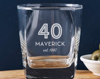 Personalised 40th Birthday Whiskey Glass - Engraved Name, Square 295ml