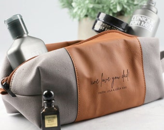 Father's Day Engraved Leather Tan Grey Toiletries Travel Case, Bag or kit