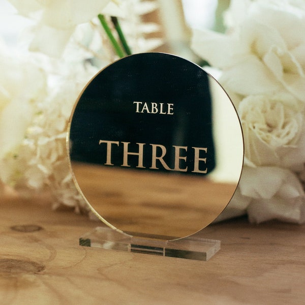 VARIETY OF COLOURS! Table Numbers - Personalised Engraved Clear Frosted Silver Rose Gold Round Acrylic Wedding Reception Table Decor