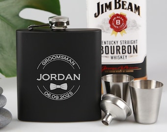 Personalised Black Hip Flask Set for Groomsmen – Engraved Flask with Shot Glasses and Funnel – Custom Best Man Wedding Gift Box