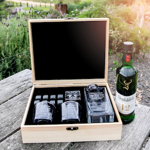 Birthday Name Decanter Set -Personalised Engraved Initial Whiskey Decanter Bourbon Scotch Glass Stone Wooden Box Birthday 21st 30th 40th