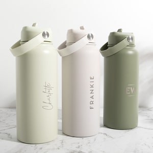 Personalised 1L Water Bottle – Engraved Stainless Steel Name Bottle with Handle – Custom Hydration Gift in Olive, Ivory or Lime