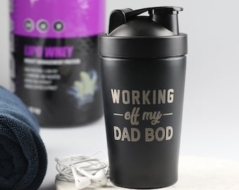 Fathers Day Custom Protein Shaker – Engraved 600ml Black Stainless Steel Gym Bottle – Fitness Gift for Dad, Workout Shaker for Men