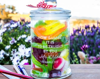 Teacher Personalised Lolly Jar - Name Engraved Glass Jar Gift With Suction Lid - Custom Teacher Appreciation Gift For End Of Term
