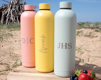750ml Name Water Bottle - Personalised Engraved Initials Luxe Matte Pink yellow white Finish Stainless Steel Sports Drink Bottle Birthday