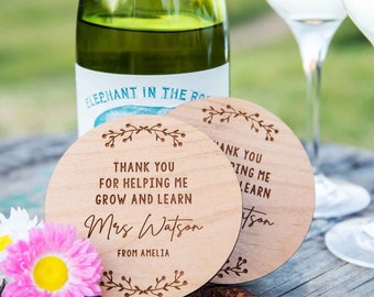 Dessous de verre personnalisés pour professeur – Dessous de verre ronds en bois gravés avec message personnalisé – Cadeaux de remerciement de fin d'année pour professeur avec boîte-cadeau