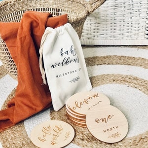 Baby's Name Milestone Cards - Personalised Engraved Wooden Milestone Card Set with Gift Bag Baby Gift Baby Shower