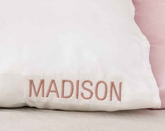 Name Silk Pillowcases - Personalised Embroidered Mulberry Silk Pink White Pillow Cases Gifts for Her Him Birthday Mothers Fathers Day