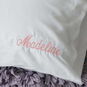 Personalised White Bamboo Satin Pillowcase – Embroidered Name on Pink, Grey, Blue or White Cover – Gift for Her, Him or Mother’s Day